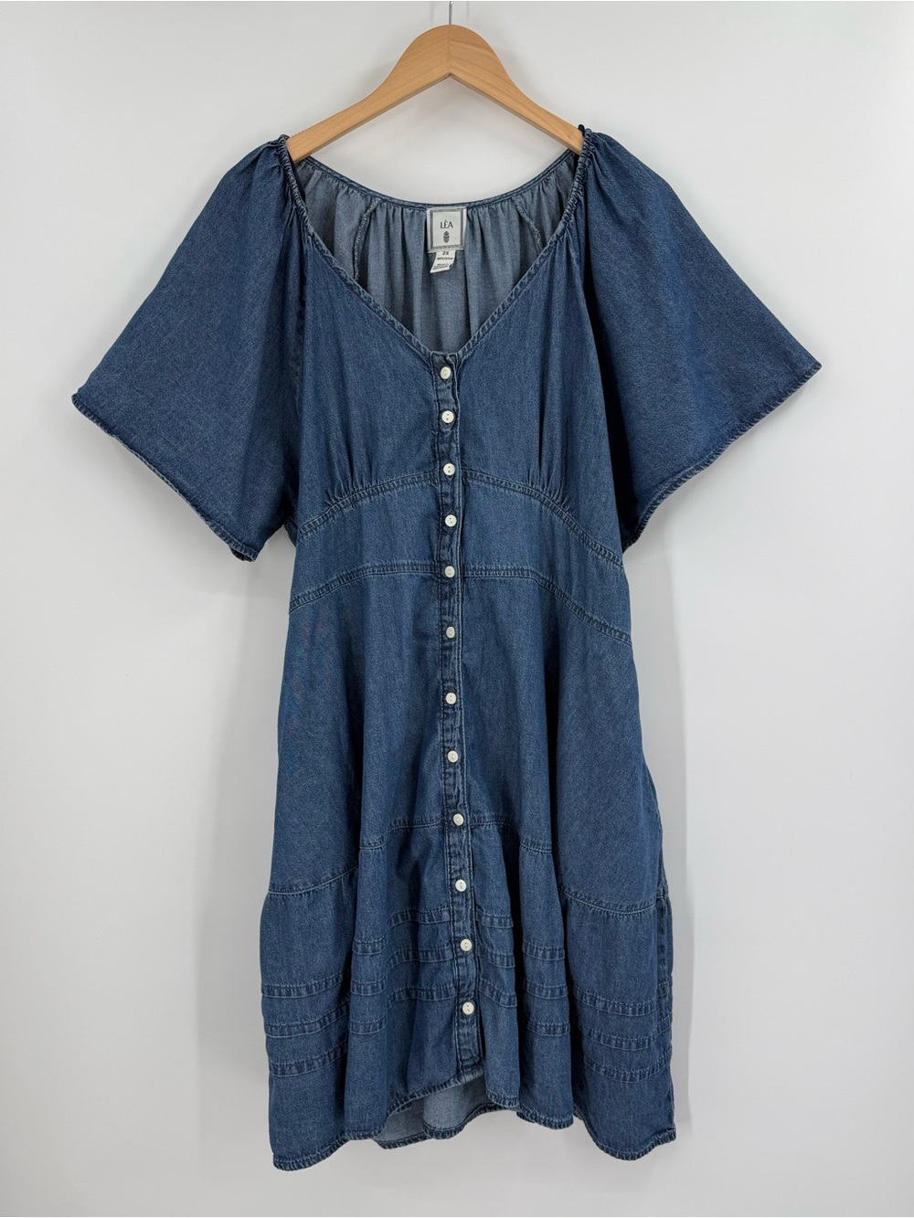 Léa Cotton Chambray Button Front Smocked Tiered Dress | Blue | 2X